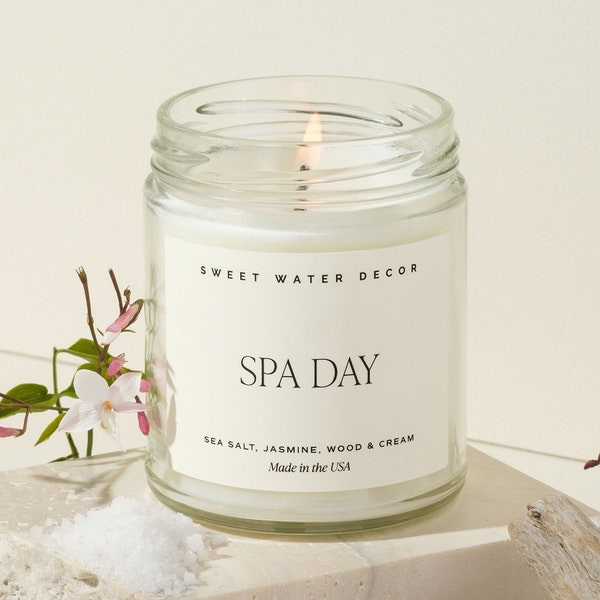 Spa Day Soy Candle | Sea Salt, Jasmine, Wood, and Cream Scented Candle | Relaxing Spa Candle | Relaxation Candle | Reusable Jar Candle
