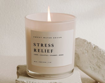 Stress Relief Soy Candle | White Jar + Wood Lid | Relaxing Spa Candle | Aromatherapy Candle | Natural Scented Candles