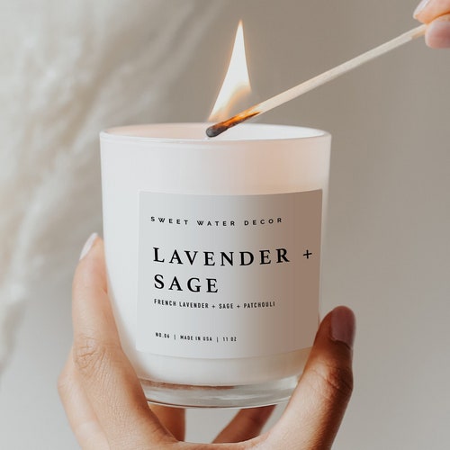 Lavender and Sage White Jar Candle Wood Lid Decorative Etsy