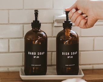 Hand Soap and Dish Soap Set of 2 16 oz Amber Glass Dispensers | Hand Soap Dispensers | Farmhouse Kitchen | Refillable Soap Bottles