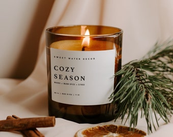 Cozy Season Soy Candle | 11 oz Amber Jar with Wood Lid | Scented Fall, Autumn, Winter Candle | Woods, Spice, Citrus Scent | Christmas Gift