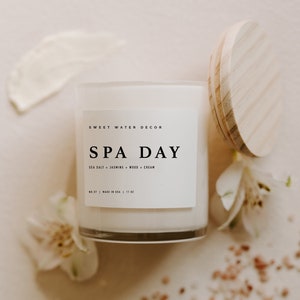 Spa Day White Jar Candle + Wood Lid | Jasmine Candle | Spa Candle | Relaxing Soy Candle | Jasmine Scented Candle | Meditation Candle
