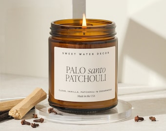 Palo Santo Patchouli Soy Candle | Amber Jar Candle | Palo Santo Candle | Patchouli Candle | Essential Oil Candle | Relaxing Soy Wax Candles