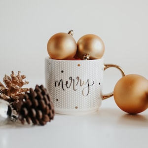 Merry Tile Coffee Mug Christmas Coffee Mug Holiday Mug Christmas Mug Christmas Gift Gold Coffee Mug Birthday Gifts Gold Decor image 1
