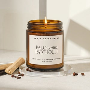 Palo Santo Patchouli Soy Candle | Amber Jar Candle | Palo Santo Candle | Patchouli Candle | Essential Oil Candle | Relaxing Soy Wax Candles