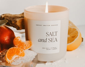 Salt and Sea 15 oz Soy Candle | Beige Matte Jar Candle, Beach Candle, Non-Toxic Candle, Sea Salt Candle, Citrus Scented Candle, Ocean Candle