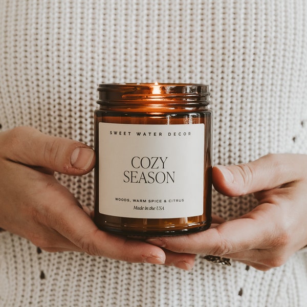 Cozy Season Soy Candle | Amber Jar Candle with Lid | Scented Fall, Autumn, Winter Candle | Woods, Spice, Citrus Scent | Christmas Gift