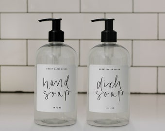 Hand Soap and Dish Soap Set of 2 16 oz Clear Plastic Dispensers | Hand Soap Dispensers | Farmhouse Kitchen | Refillable Soap Bottles