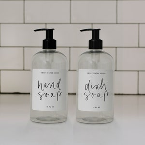 Hand Soap and Dish Soap Set of 2 16 oz Clear Plastic Dispensers | Hand Soap Dispensers | Farmhouse Kitchen | Refillable Soap Bottles