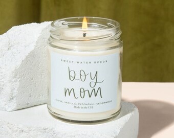 Bougie de soja garçon maman - cadeau de fête des mères de son fils - cadeau garçon maman - sexe de bébé révélateur - bougie parfumée clou de girofle, vanille, patchouli et bois de cèdre