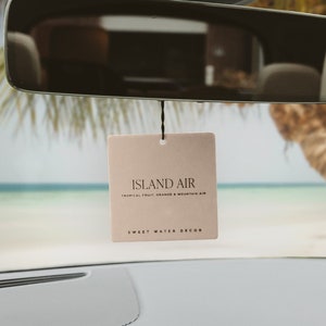 May include: A car interior with a rearview mirror and dashboard. A rectangular air freshener with the text "ISLAND AIR" hangs from the mirror. The air freshener has the words "TROPICAL FRUIT, ORANGE & MOUNTAIN AIR" and "SWEET WATER BREEZE". A beach scene is visible through the windshield.