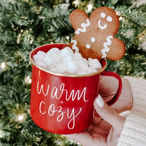 Warm and Cozy Campfire Mug | Christmas Mug | Holiday Coffee Mug | Holiday Decor | Red Campfire Mug | Enamel Mug | Christmas Coffee Cup