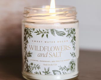 Wildflowers and Salt Soy Candle - Floral Scented, 40+ Hour Burn - Cottagecore Candle
