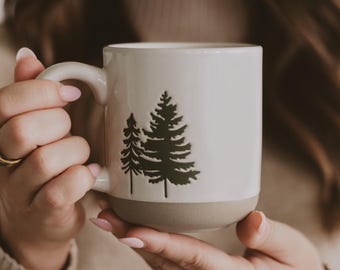 Green Trees Stoneware Coffee Mug: Rustic Mug for Cabin Decor