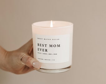 Best Mom Ever Soy Candle | White Jar + Wood Lid | Jasmine Candle | Spa Candle | Relaxing Soy Candle | Mother's Day Gift | Gift for Mom