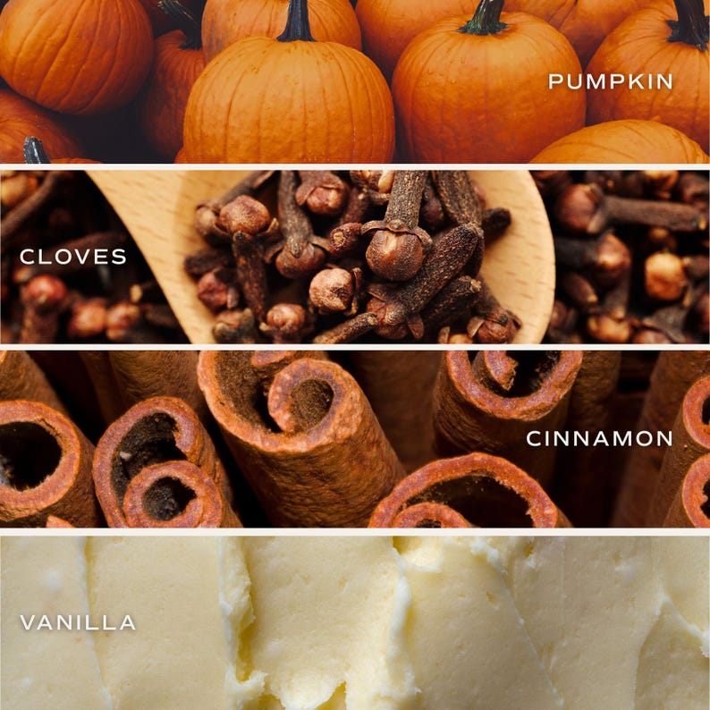 May include: A four-part collage featuring orange pumpkins with the text PUMPKIN, a wooden spoon filled with dark brown cloves and the text CLOVES, rolled cinnamon sticks with the text CINNAMON, and creamy white vanilla frosting with the text VANILLA.