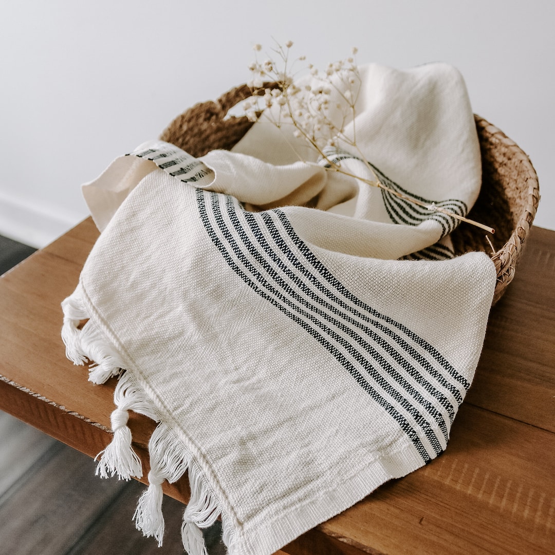 Turkish Cotton + Bamboo Hand Towel, Multi Stripes | Neutral Kitchen Towel | Striped Tea Towel | Absorbent Dish Towel | Bathroom Towel