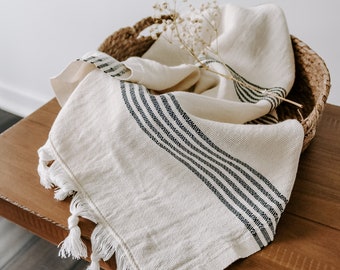 Turkish Cotton + Bamboo Hand Towel, Multi Stripes | Neutral Kitchen Towel | Striped Tea Towel | Absorbent Dish Towel | Bathroom Towel