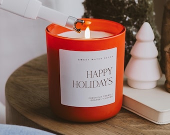 Happy Holidays Soy Candle: Cinnamon, Fresh Cut Trees, Orange, Cloves Scented Christmas Candle, 15oz Red Jar