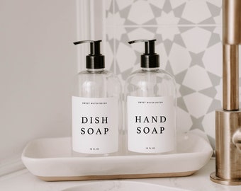 Hand Soap and Dish Soap Set of 2 16 oz Clear Plastic Dispensers | Hand Soap Dispensers | Farmhouse Kitchen | Refillable Soap Bottles