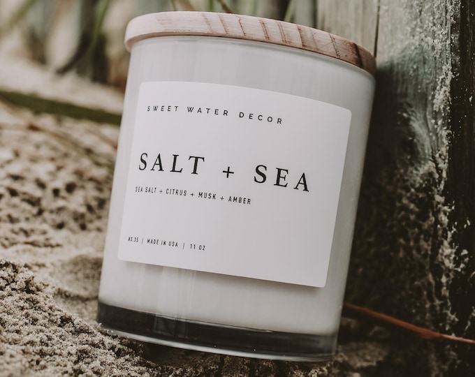 Salt and Sea Soy Wax Candle: Crisp Sea Salt, Citrus, Musk, Amber Scented (11oz)