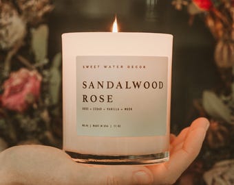 Sandalwood Rose Soy Candle | White Jar + Wood Lid | Date Night Candle | Stress Relief Candle | Luxury Candles | Pine Scented Candles