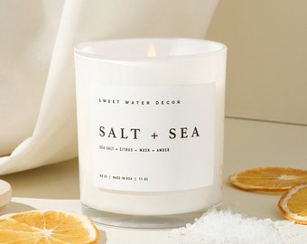 Salt + Sea Soy Candle | White Jar + Wood Lid | Beachy Scented Candle | Relaxing Spa Candle | Beach Scented Candle | Stress Relief Candle