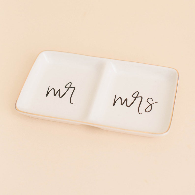 Jewelry Dish Bride and Groom Wifey Gift Ceramic Jewelry Dish Engagement Ring Dish Mr and Mrs Ring Dish Wedding Ring Dish Mr and Mrs