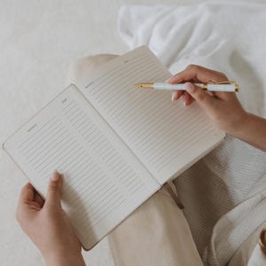 Pu&ograve; includere: Un diario bianco con righe e una penna dorata sopra. Il diario &egrave; aperto su una pagina bianca con le parole "memory" e "time" scritte sulla pagina sinistra e "date" sulla pagina destra.