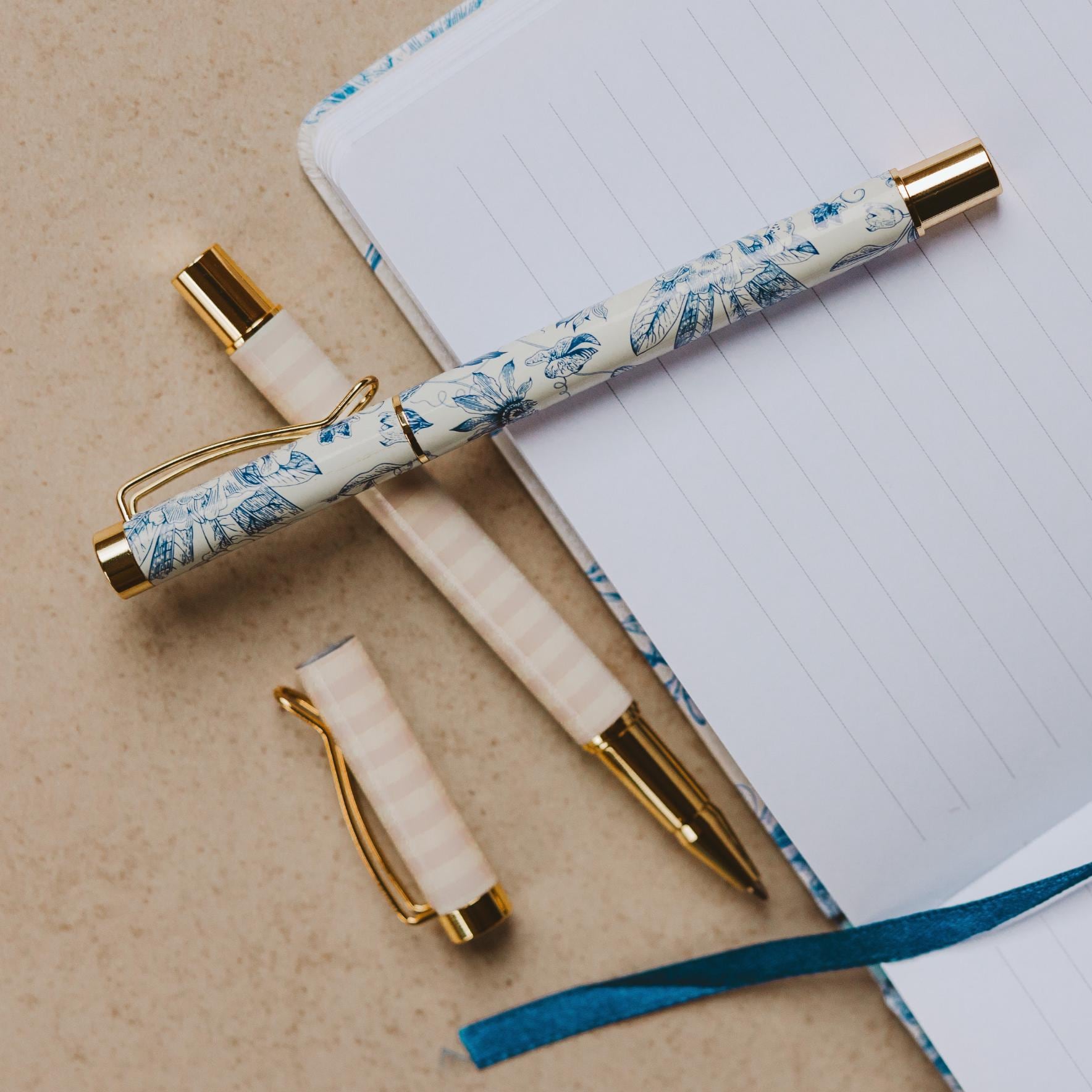 Blue Floral Pen Set: Delft Style, Gold Accents