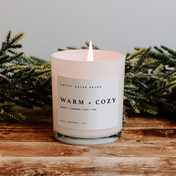 Warm and Cozy White Jar Candle + Wood Lid | Holiday Candles | Winter Candle | Scented Candles | Christmas Tree Soy Candle | Christmas Decor