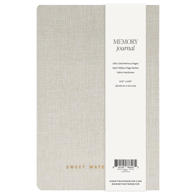 Pu&ograve; includere: Un diario con copertina in tessuto grigio con il testo "MEMORY journal" stampato in nero sulla copertina anteriore. La copertina posteriore presenta il testo "SWEET WATER" stampato in oro. Il diario ha 200 pagine rigate, un segnalibro in nastro di raso e una copertina rigida in tessuto. Misura 20,64 cm x 14,3 cm.