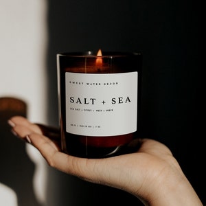 Salt and Sea 11oz. Soy Candle in Amber Jar with Lid | Beach Scented Candle for Home | Sea Salt, Citrus, Musk, and Amber