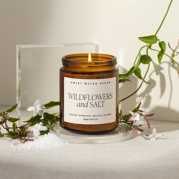 Wildflowers and Salt Soy Candle - Jasmine, Lily, Leafy Greens, and Sea Salt Candle - 9oz. Amber Jar, Soy Wax Blend, Made in the USA