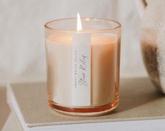 Stress Relief Tinted Glass Soy Wax Candle: Lemon, Eucalyptus, Spearmint, Woods - Aromatherapy (12oz)