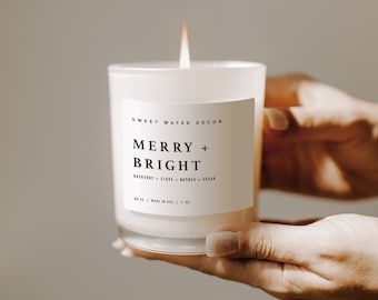 Merry + Bright White Jar Soy Candle + Wood Lid | Fraser Fir Candle | Pine Candle | Holiday Candle | Forest Candle | Christmas Tree Candle