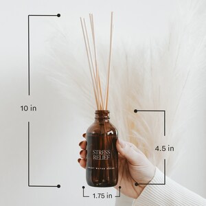 May include: An amber glass reed diffuser bottle with light-colored wooden reeds. The label reads STRESS RELIEF and SWEET WATER DECOR. Dimensions are 10 inches total height, 4.5 inches bottle height, and 1.75 inches in diameter.
