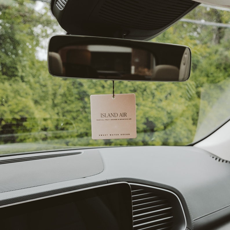 May include: A car air freshener with the text "ISLAND AIR" and "TROPICAL FRUIT, ORANGE & MOUNTAIN AIR" hanging from a rearview mirror. The air freshener is a light brown square with a black string. The car's dashboard and windshield are visible.