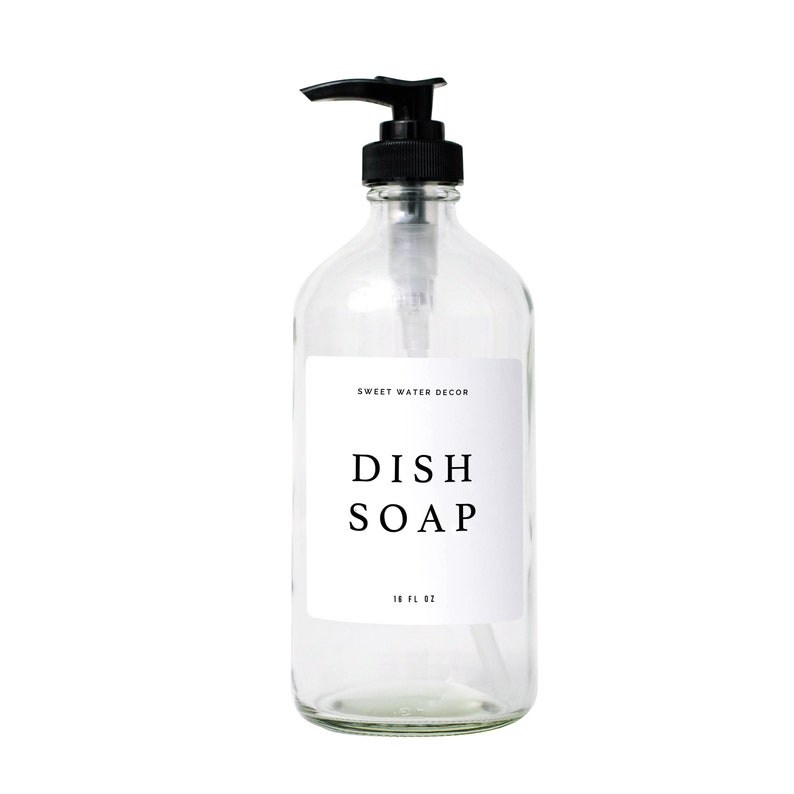 16oz Clear Glass Dish Soap Dispenser White Text Label Etsy