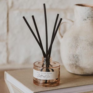 May include: A clear glass diffuser bottle with black reeds. The bottle has a light pink tint and a label that reads "Sweet Water Decor Salt and Sea". A white ceramic jug is in the background.