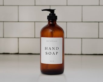 16oz Amber Glass Hand Soap Dispenser - White Text Label