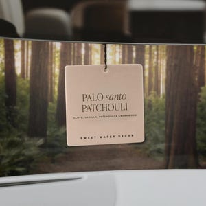 May include: A rectangular, off-white tag with the words "PALO santo PATCHOULI" in a serif font. Below, it lists "CLOVE, VANILLA, PATCHOULI & CEDARWOOD." The tag is suspended against a backdrop of a forest scene and the words "SWEET WATER DECOR" are at the bottom.