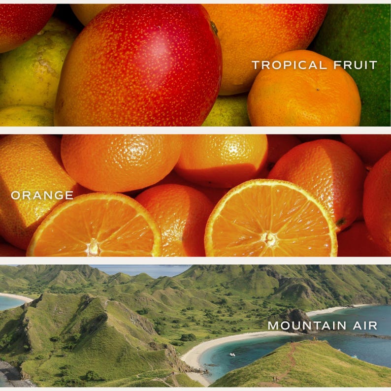 May include: A collage featuring three distinct images. The top image displays a variety of tropical fruits, including mangoes and oranges, with the text "TROPICAL FRUIT." The middle image showcases oranges, some sliced, with the text "ORANGE." The bottom image depicts a coastal landscape with the text "MOUNTAIN AIR."