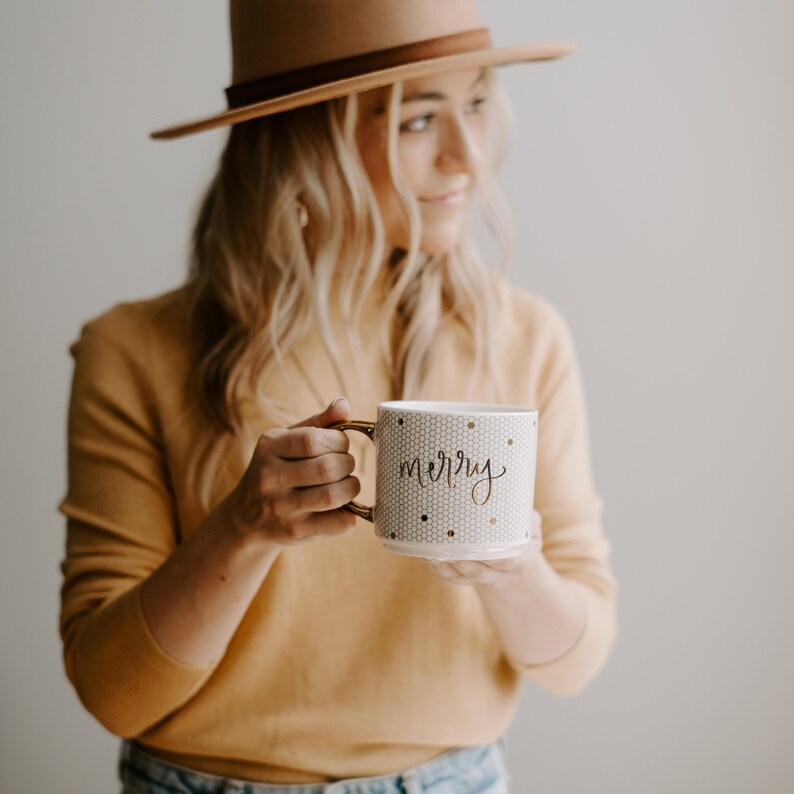 Merry Tile Coffee Mug Christmas Coffee Mug Holiday Mug Christmas Mug Christmas Gift Gold Coffee Mug Birthday Gifts Gold Decor image 2