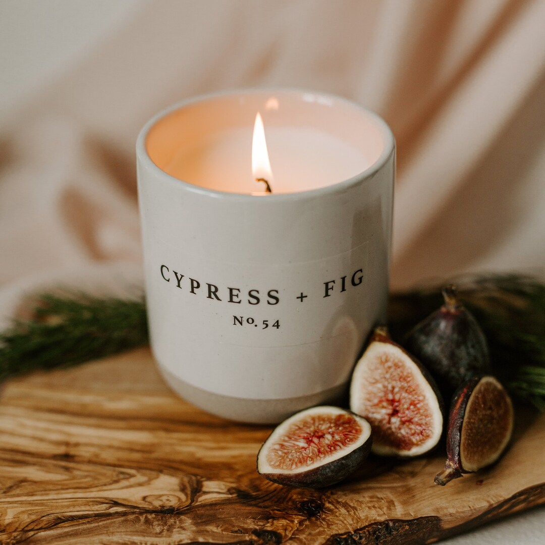 Cypress and Fig Candle - Cream Stoneware Jar - 12 oz | Cypress, Eucalyptus, Ripe Fig, Tropical Fruits Scented Candle | Forest Scented Candle