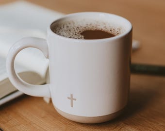 Cross Mug: Christian Stoneware Coffee Mug, Bible Study Gift