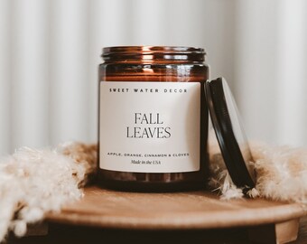 Fall Leaves Soy Candle | Fall Autumn Halloween Candle for Home | Fall Decor and Gifts, Apple Cinnamon Scented Candle, 9oz Amber Jar