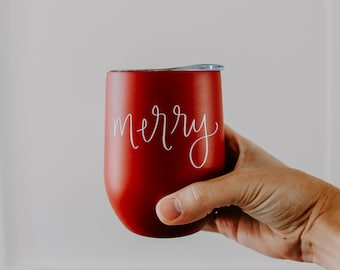 Merry Metal Wine Tumbler | Stainless Wine Glass with Lid | Holiday Wine Tumbler | Christmas Gift | Insulated Winter Wine Tumbler | Wine Gift