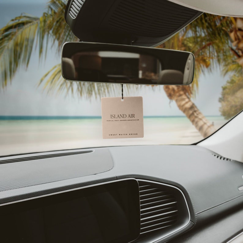 May include: A car interior with a rearview mirror and dashboard. A rectangular air freshener with the text "ISLAND AIR" hangs from the mirror. The air freshener has the words "TROPICAL FRUIT, ORANGE & MOUNTAIN AIR" and "SWEET WATER BREEZE". A beach scene is visible through the windshield.