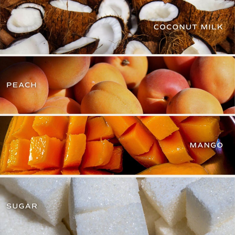 Może przedstawiać: Kolaż produkt&oacute;w spożywczych, w tym mleka kokosowego, brzoskwiń, mango i cukru. Mleko kokosowe jest wyświetlane z kawałkami kokosa. Brzoskwinie są dojrzałe i pomarańczowe. Mango jest pokrojone w kostkę. Pokazano r&oacute;wnież kostki cukru.